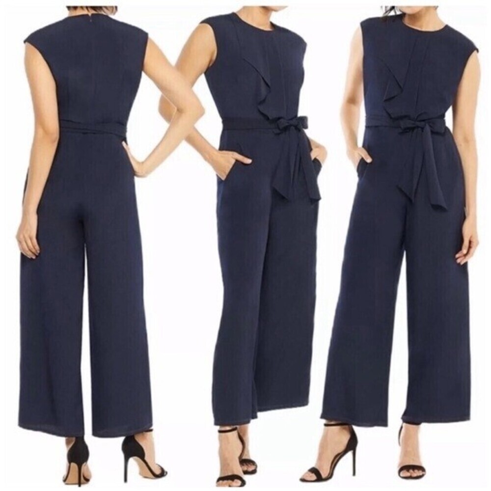 Maggy London Ruffle Front Sleeveless Jumpsuit In Navy Size 6 $199